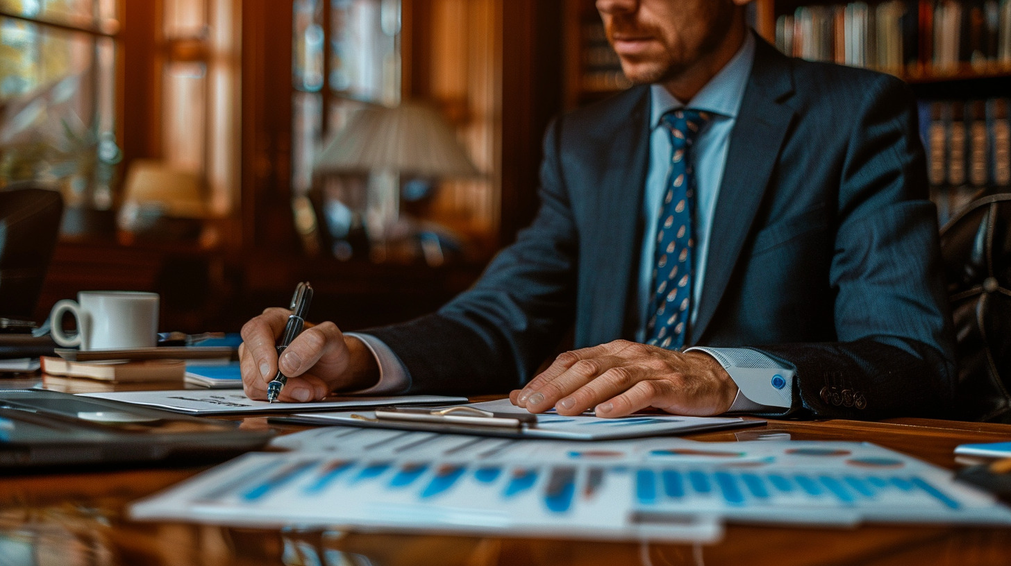 A businessman conducts a financial analysis of a business