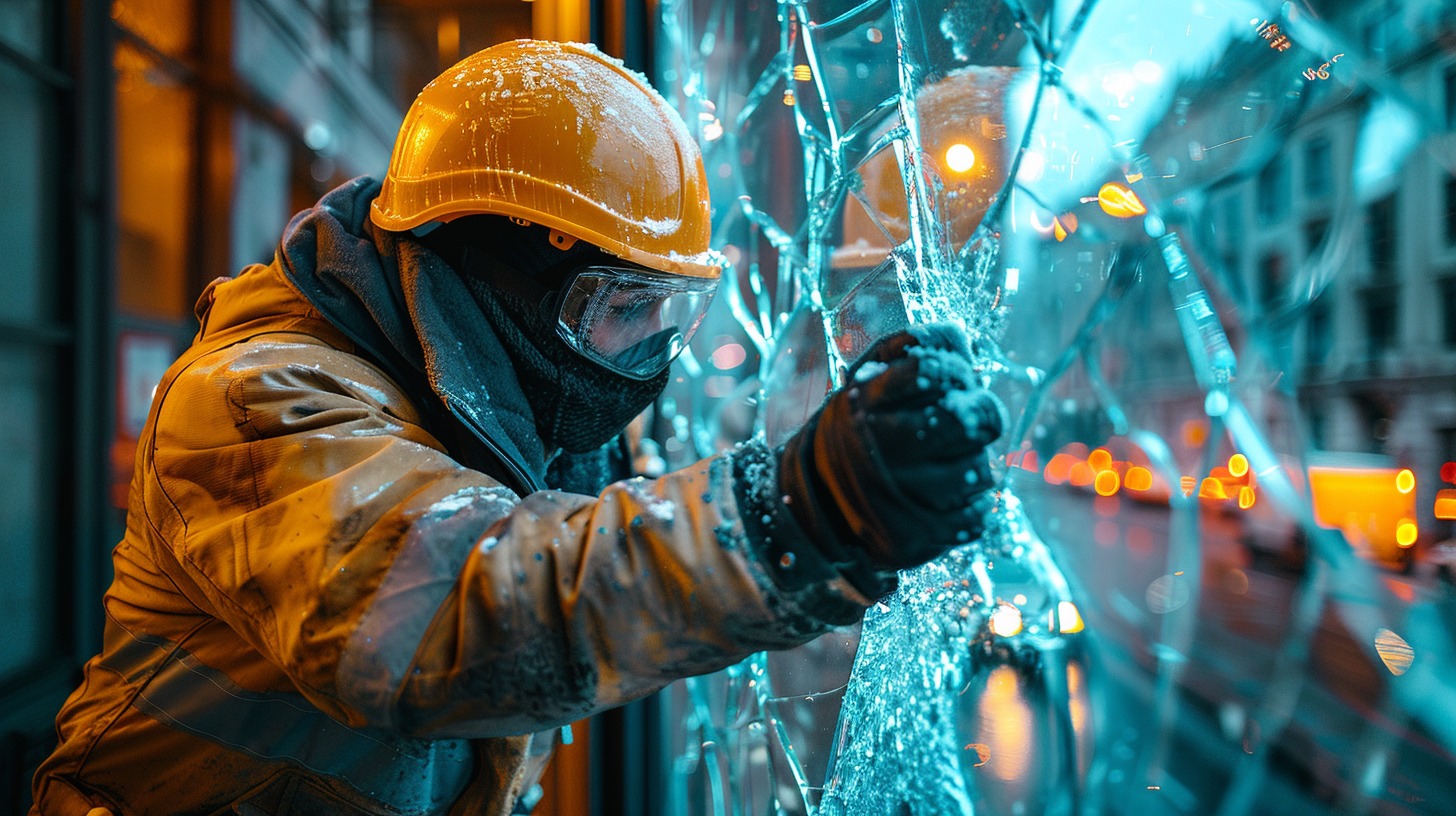 Technician repairing a broken window glass